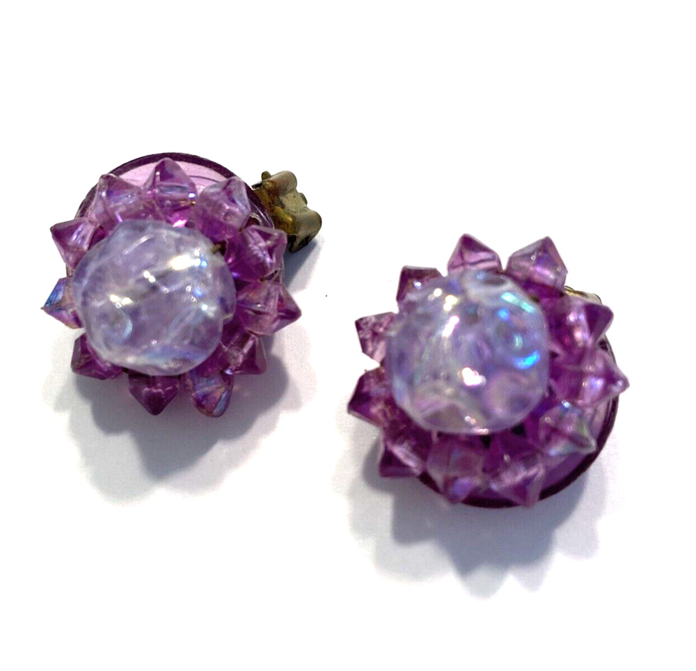Vintage Mid Century Purple Bead Cluster Clip On Earrings Small Textured Romantic